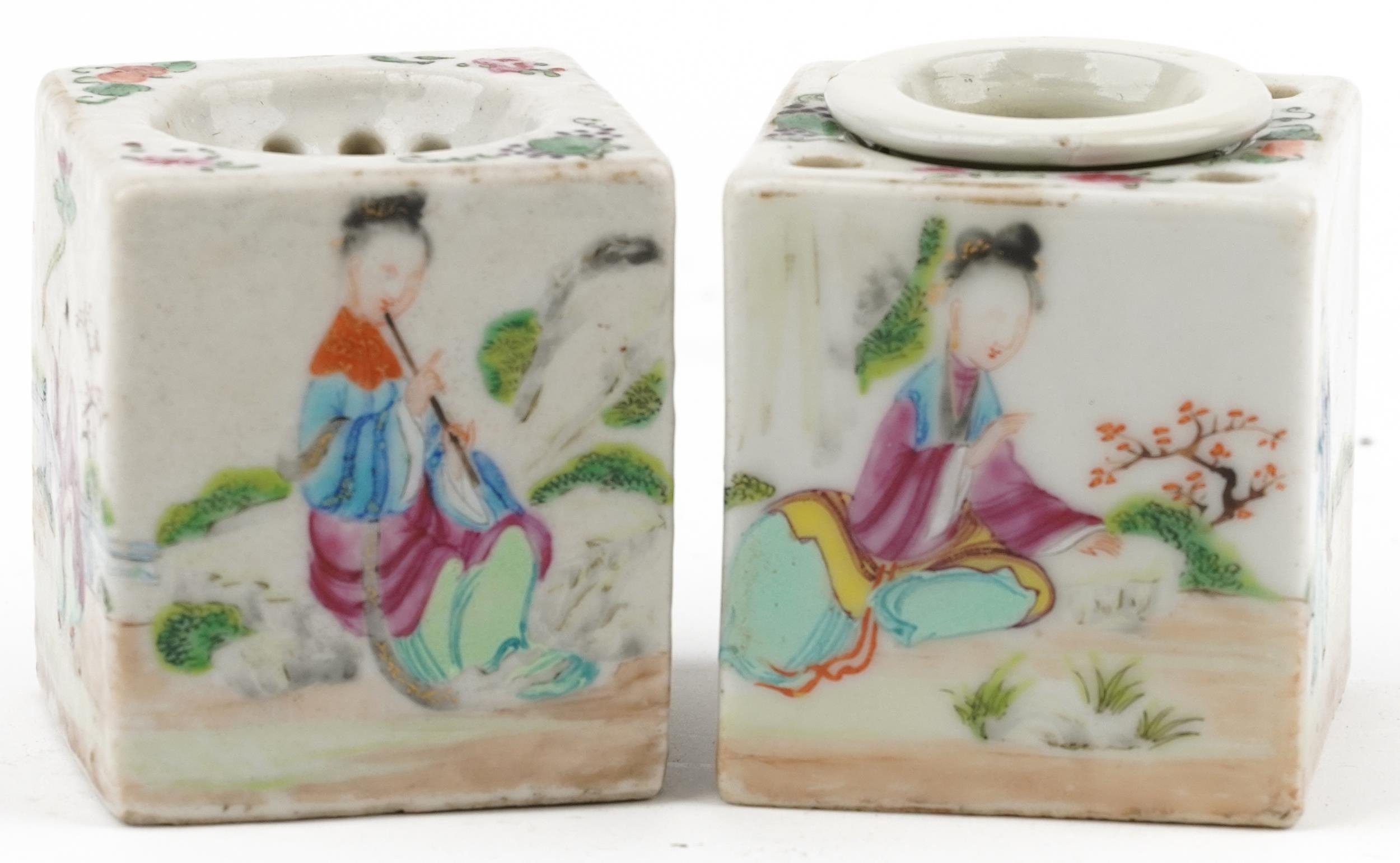 Pair of Chinese square section porcelain desk items hand painted in the famille rose palette with - Image 2 of 6