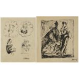 Caricatures and two figures, two ink sketches, one signed Spargo, the other Ocariz, mounted and