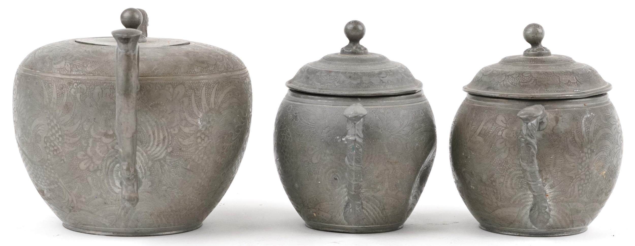 Chinese Swatow Kut Hing pewter three piece tea set comprising teapot, lidded milk jug and lidded - Image 3 of 8