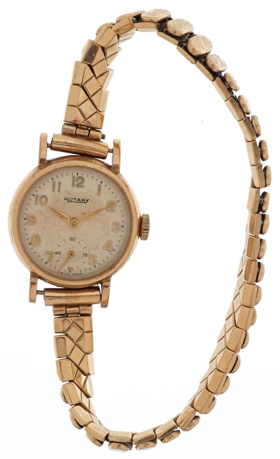 Rotary, ladies 9ct gold manual wind wristwatch having Arabic numerals on a gold plated strap, 22mm - Image 2 of 6