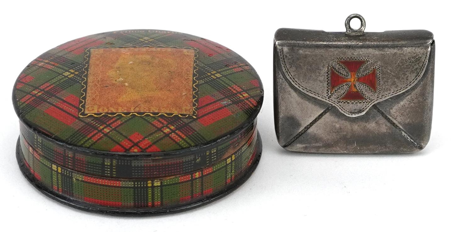 Victorian tartan ware Prince Charlie circular stamp box and a silver stamp case enamelled with a