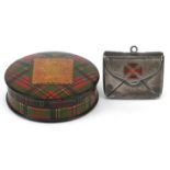 Victorian tartan ware Prince Charlie circular stamp box and a silver stamp case enamelled with a