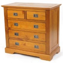 Contemporary light oak five drawer chest with inset silvered metal handles, 79cm H x 84cm W x 44cm D