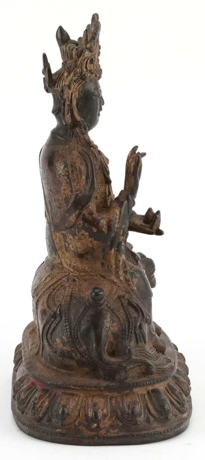 Chino Tibetan gilt bronze figure of Buddha on mythical animal, 22.5cm high - Image 5 of 7