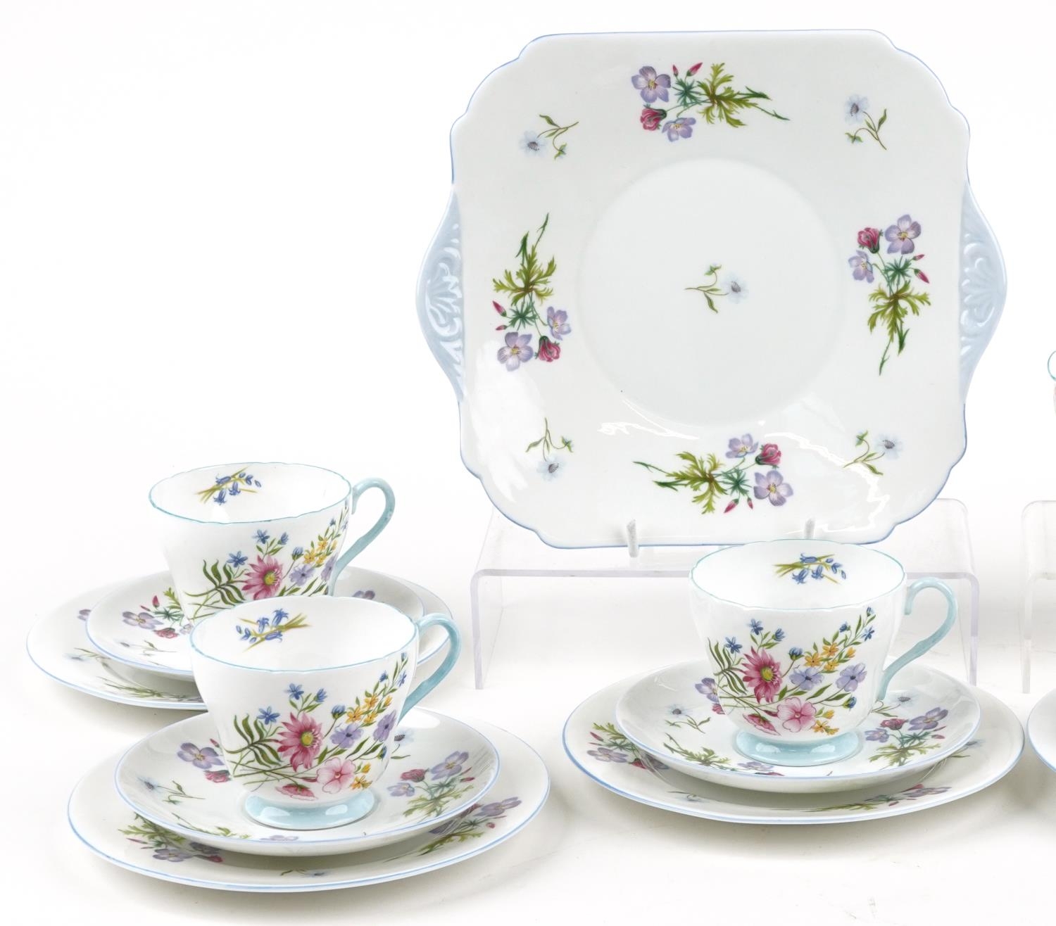 Shelley Wild Flowers six place tea service comprising six trios, milk jug, sugar bowl and sandwich - Image 2 of 4