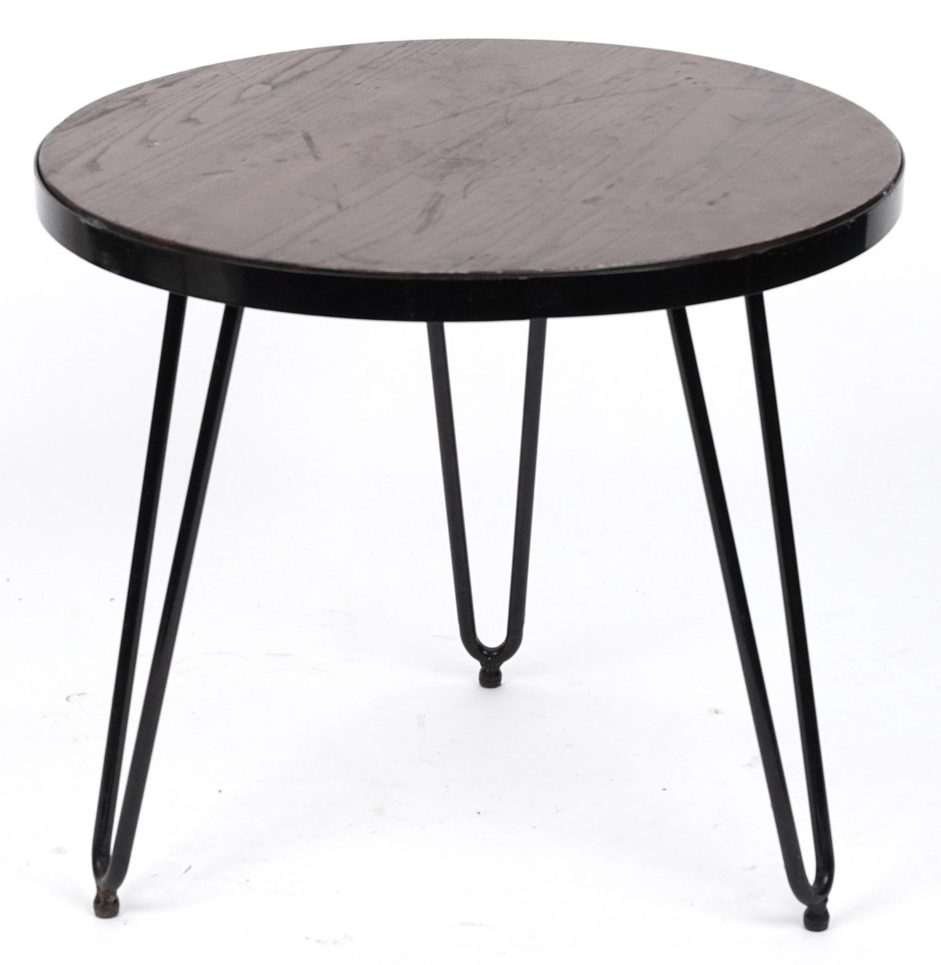 Industrial circular hardwood and wrought iron occasional table with hairpin legs, 53.5cm high x 61cm - Bild 3 aus 3