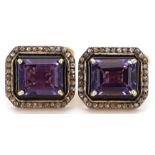 Pair of yellow metal emerald cut amethyst, diamond and black enamel stud cufflinks, total amethyst