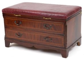 Mahogany butler's luggage stand with red leather faux crocodile skin lift up top and two drawers,