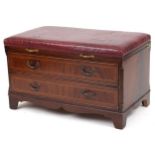 Mahogany butler's luggage stand with red leather faux crocodile skin lift up top and two drawers,