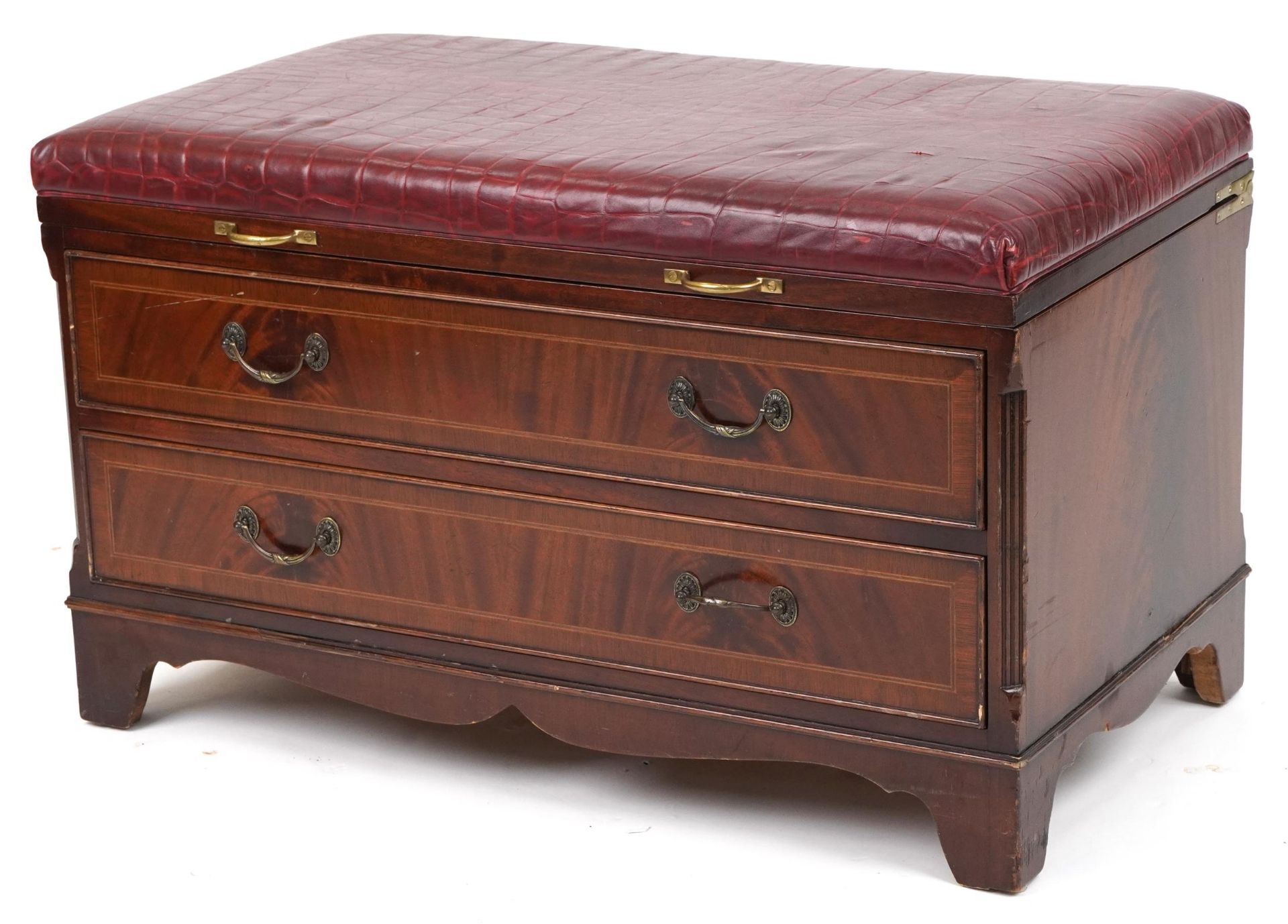 Mahogany butler's luggage stand with red leather faux crocodile skin lift up top and two drawers,