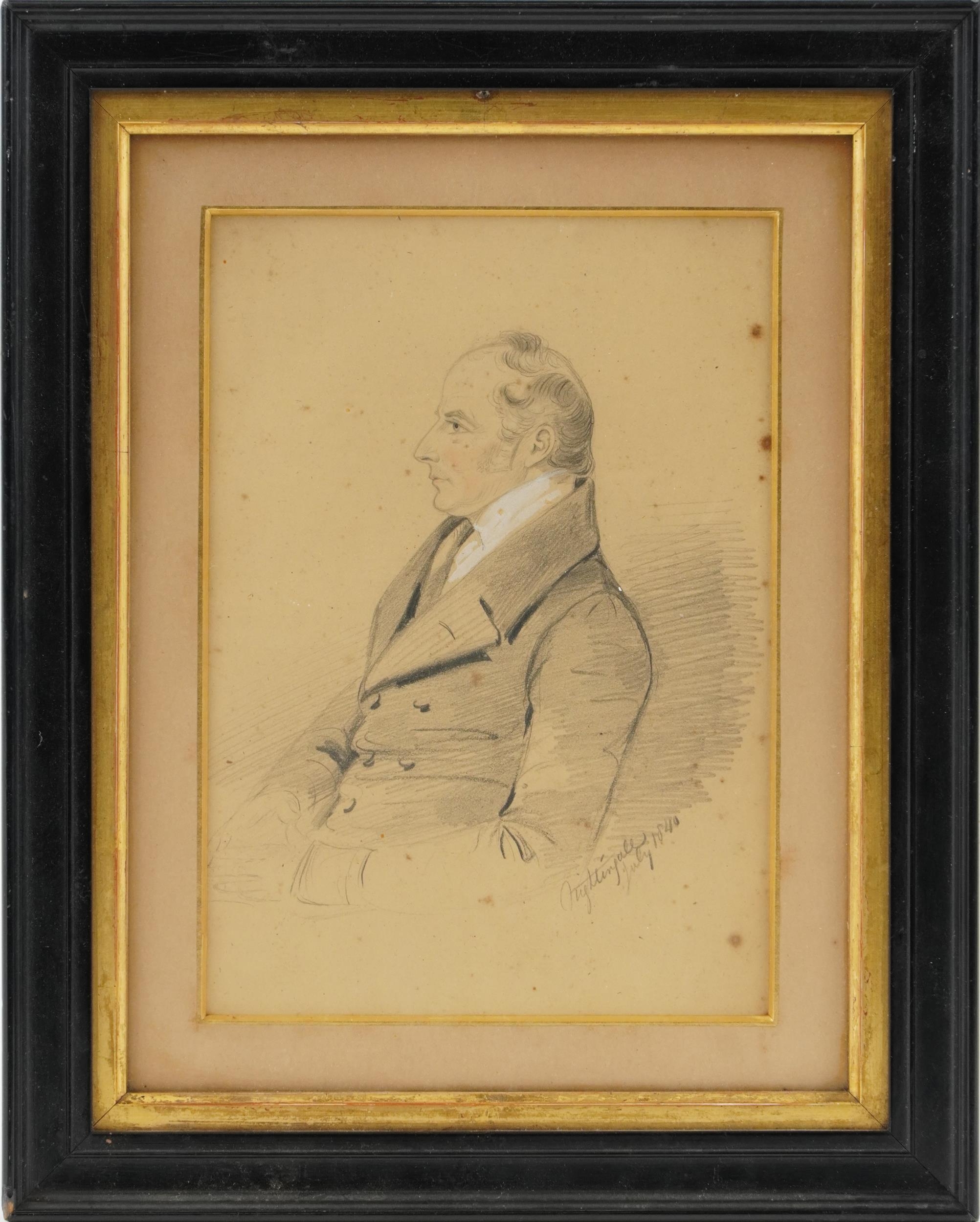 Top half portrait of a gentleman wearing a white cravat, mid 19th century heightened pencil - Image 2 of 4