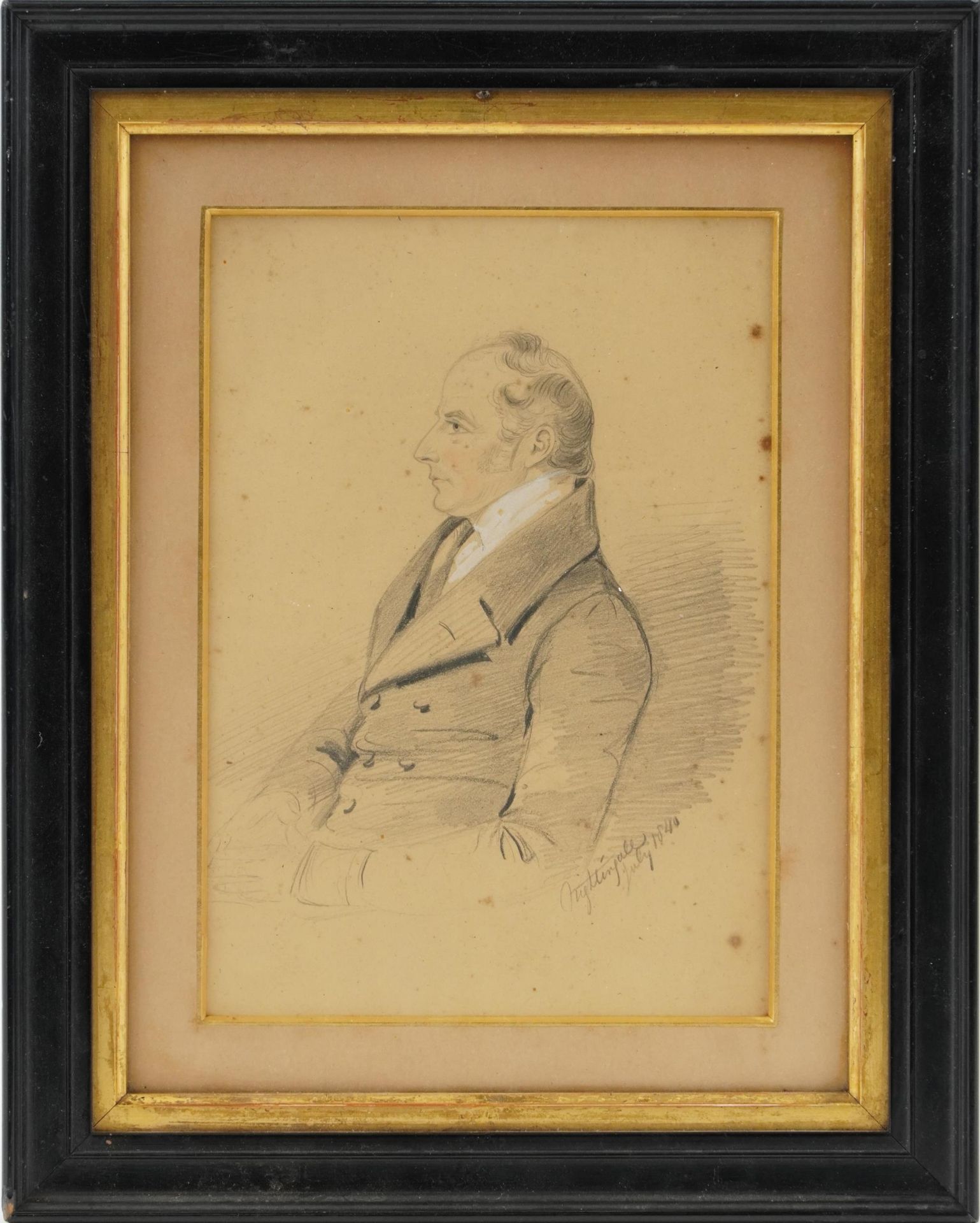 Top half portrait of a gentleman wearing a white cravat, mid 19th century heightened pencil - Image 2 of 4