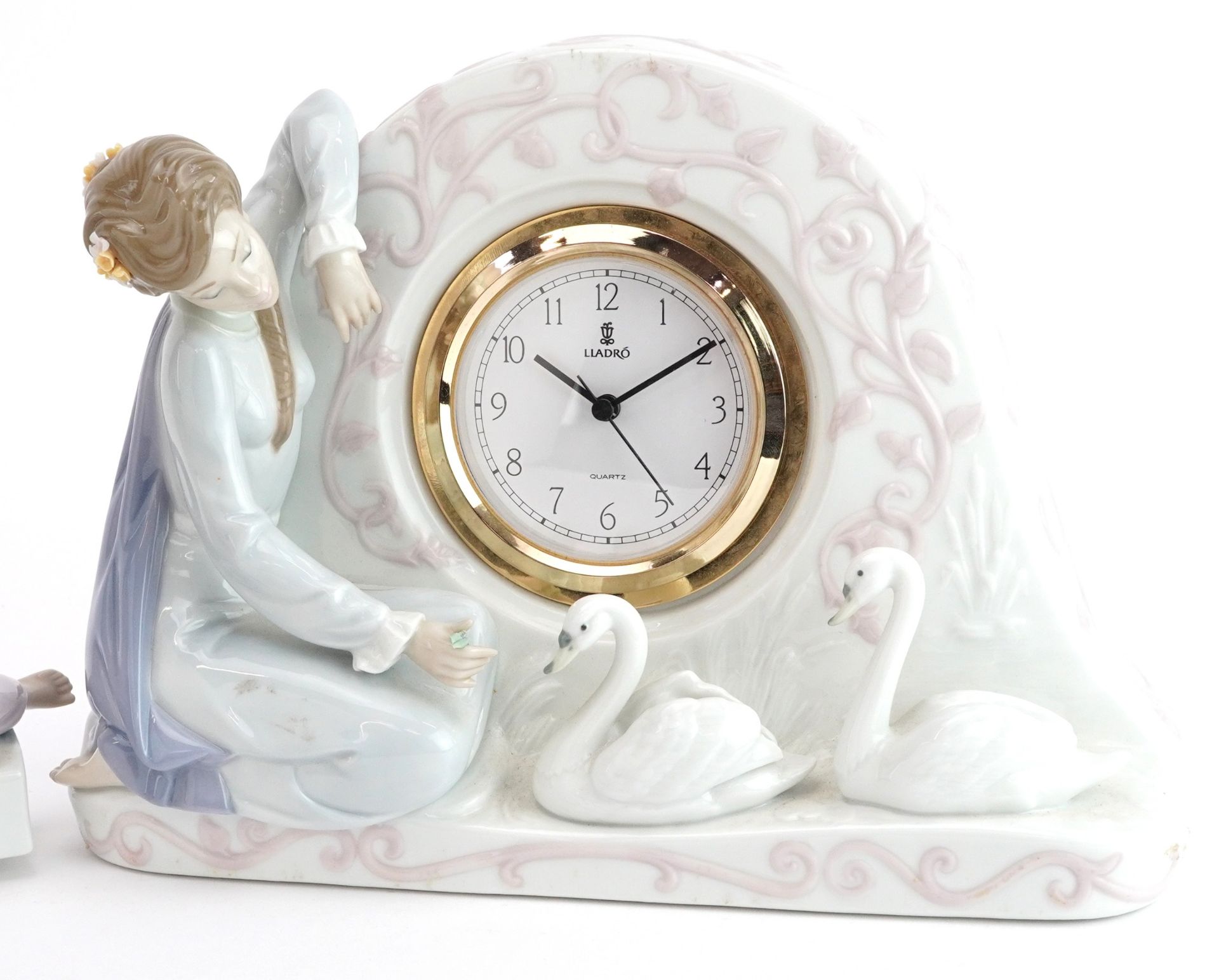 Two Lladro mantle clocks comprising Swan clock 5230 and Two Sisters clock 5770, the largest 32cm - Image 3 of 5