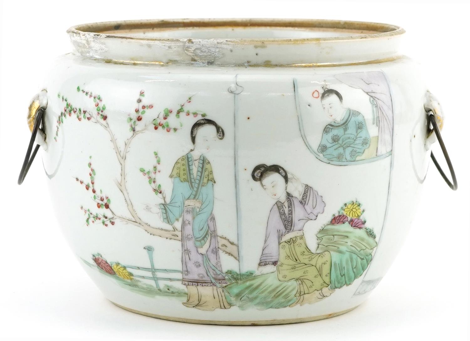 Chinese porcelain bowl with handles hand painted in the famille rose palette with empresses in a