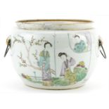 Chinese porcelain bowl with handles hand painted in the famille rose palette with empresses in a