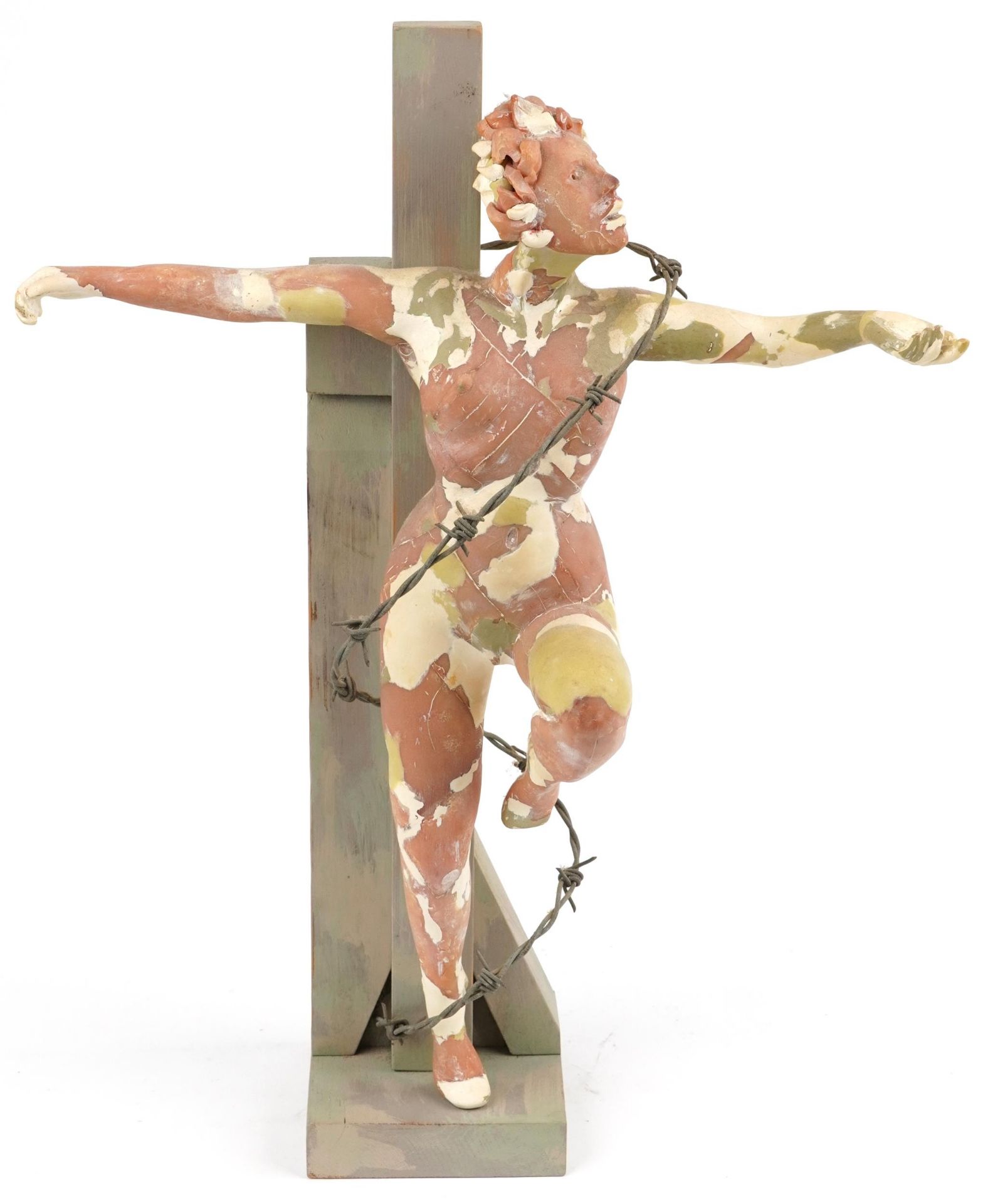 Neil Wilkinson, contemporary Brutalist painted resin sculpture of a nude female on hardwood cross - Image 2 of 4