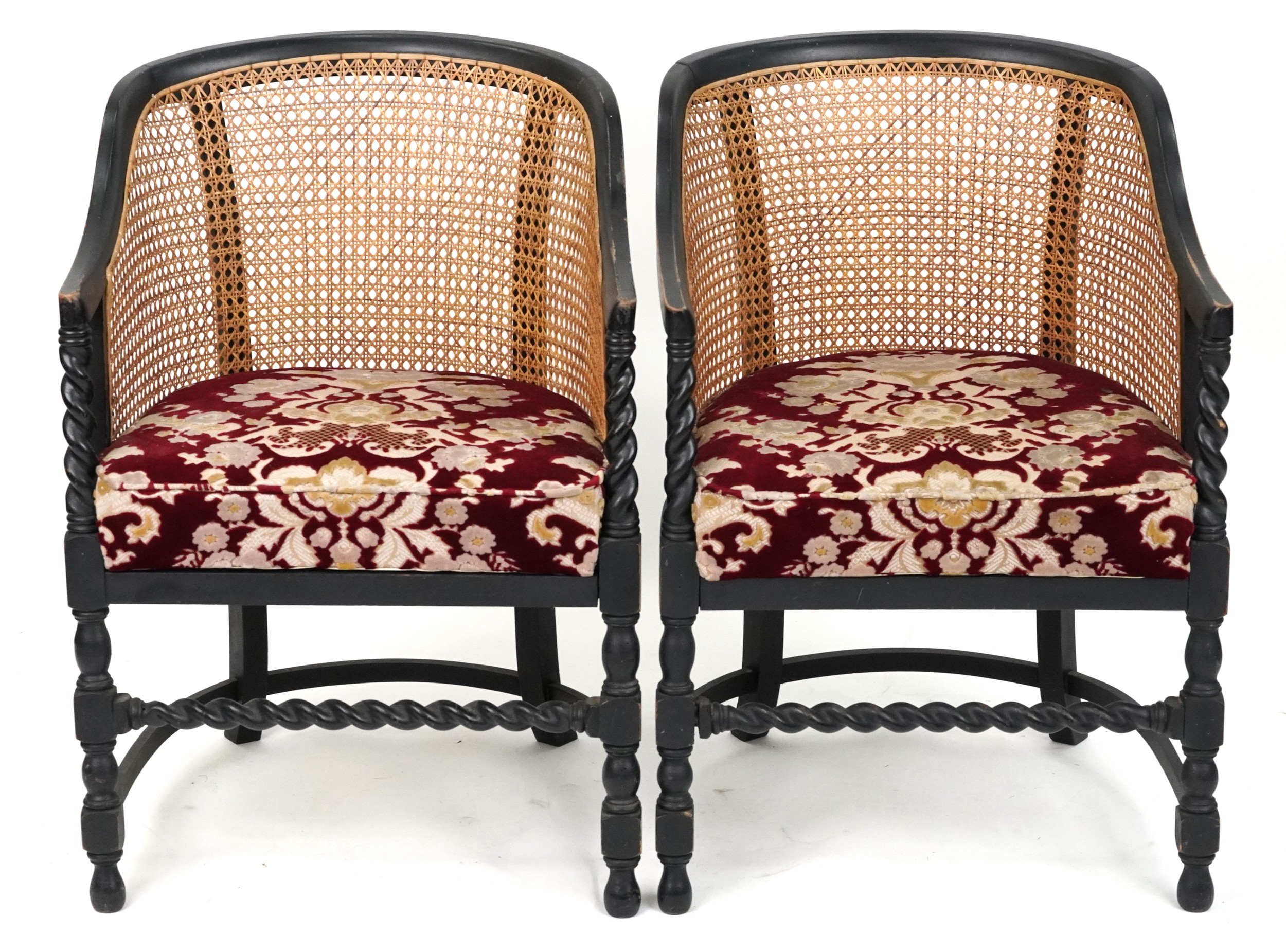 Pair of Victorian ebonised barley twist bergère tub chairs with floral upholstered cushioned - Image 2 of 4