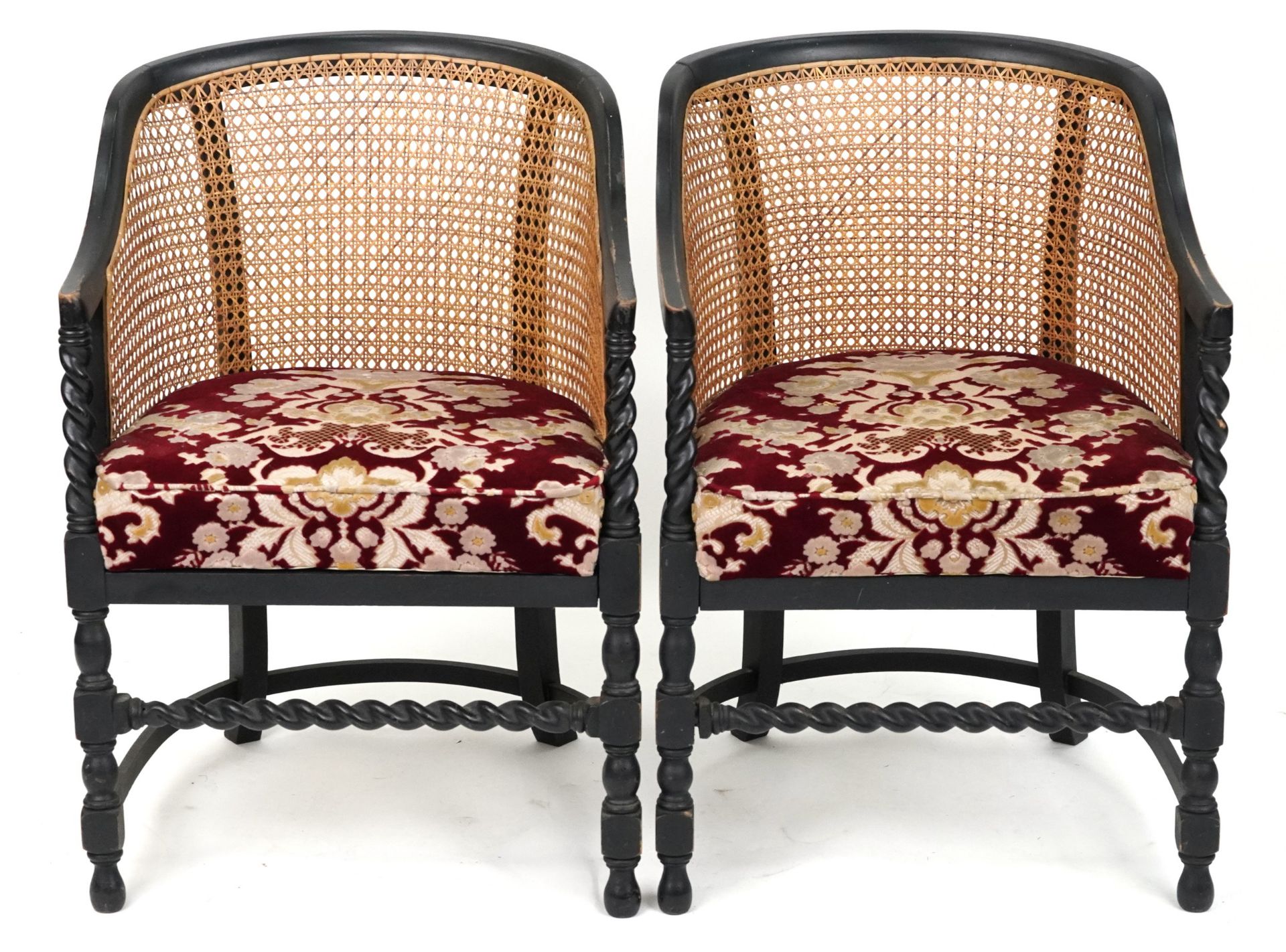 Pair of Victorian ebonised barley twist bergère tub chairs with floral upholstered cushioned - Bild 2 aus 4