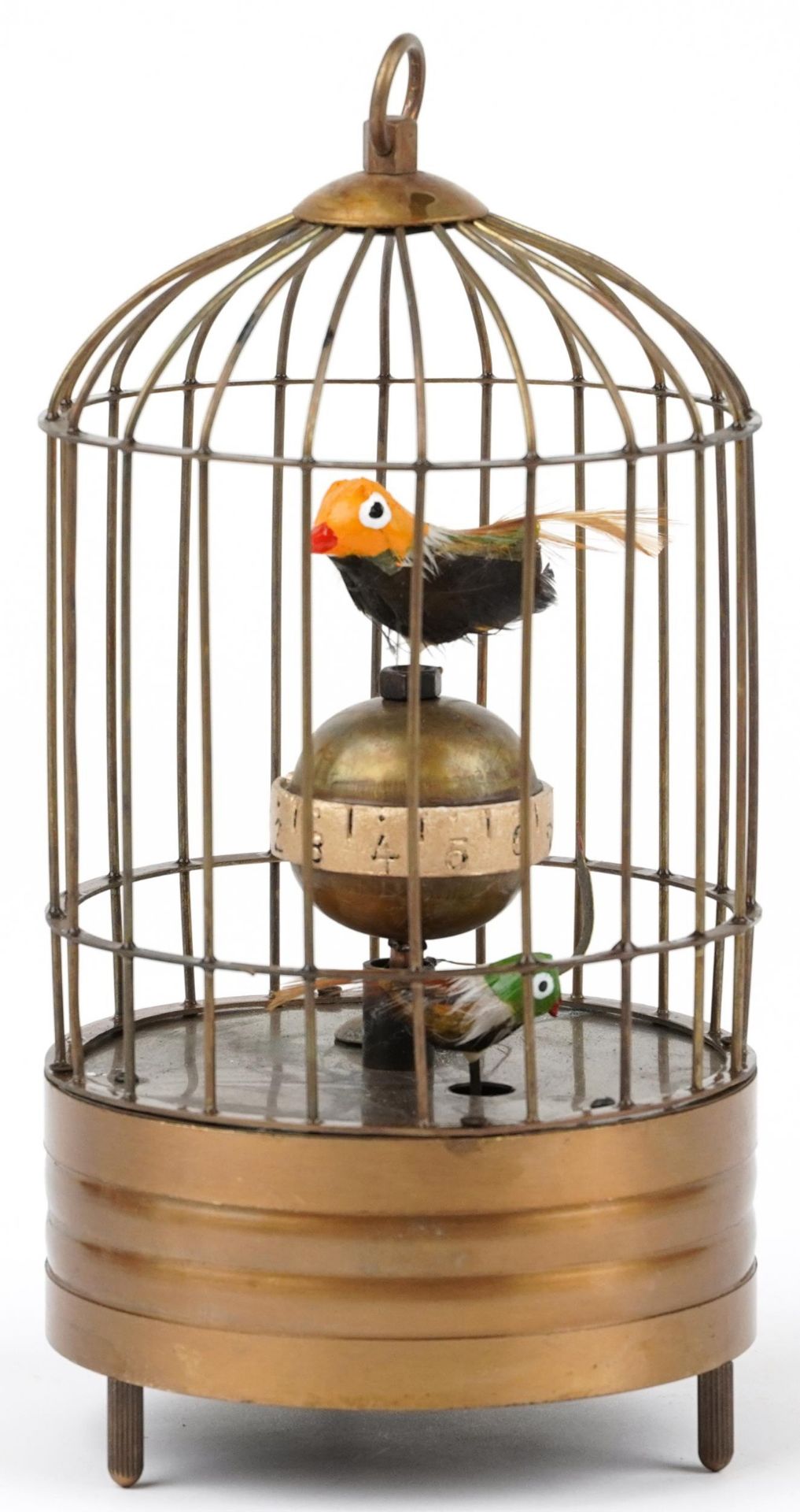 Clockwork automaton birdcage alarm clock, 19cm high