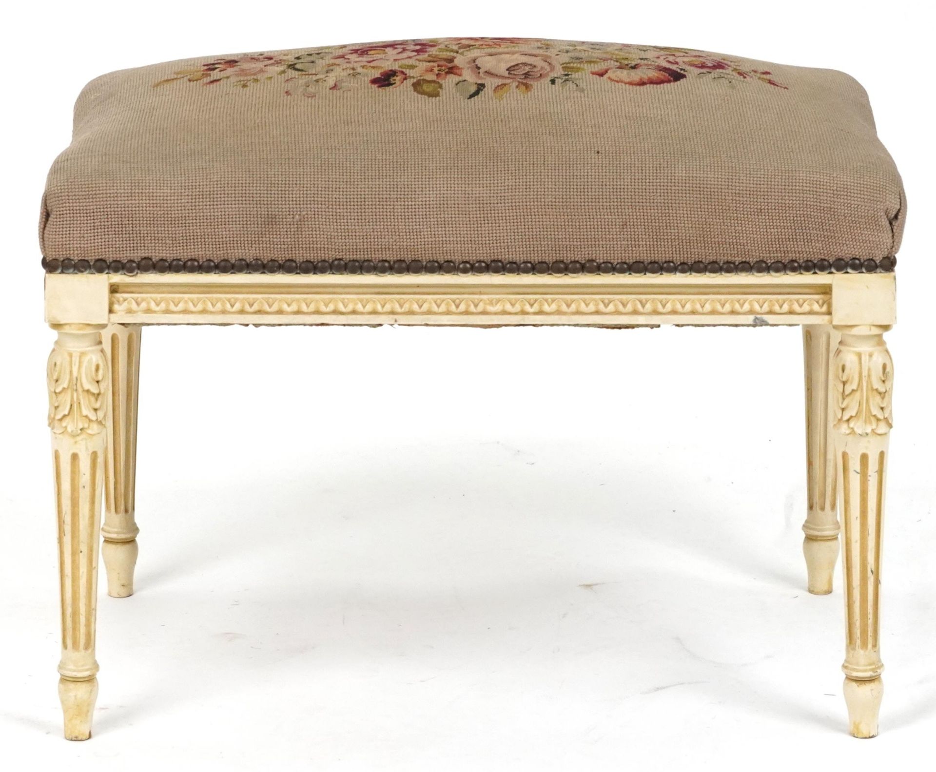 French style cream painted stool with reeded columns and floral upholstered cushion seat, 44cm H x - Bild 4 aus 4