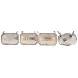 Four silver decanter labels including a set of three, comprising whisky, brandy, sherry and port,