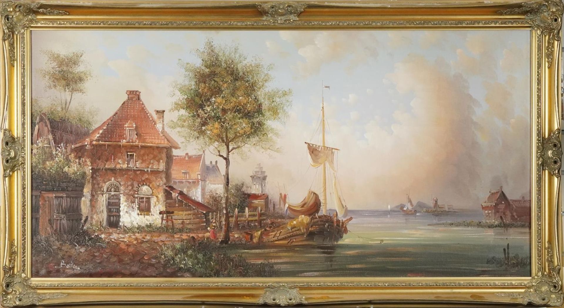 18th century harbour scene, oil on board, bearing an indistinct signature, mounted and framed, 119cm - Image 2 of 6