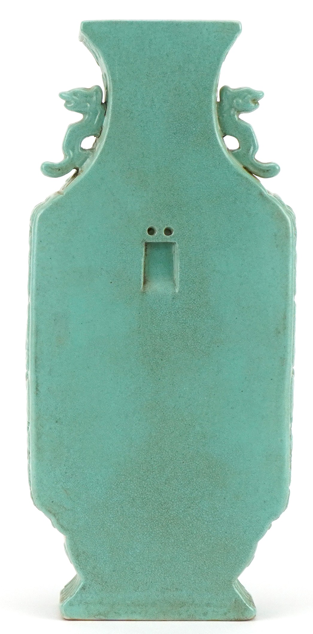 Chinese porcelain wall vase with animalia handles having a turquoise glaze hand painted with - Image 6 of 10