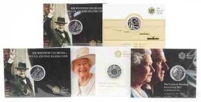 Five Elizabeth II United Kingdom twenty pound fine silver coins by The Royal Mint comprising two