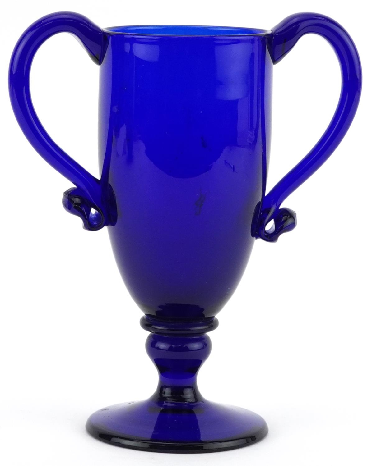 Antique Bristol Blue pedestal cup with twin handles, 16cm high - Image 2 of 3