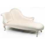 Contemporary French style chaise longue with striped cream upholstery on carved cabriole legs with