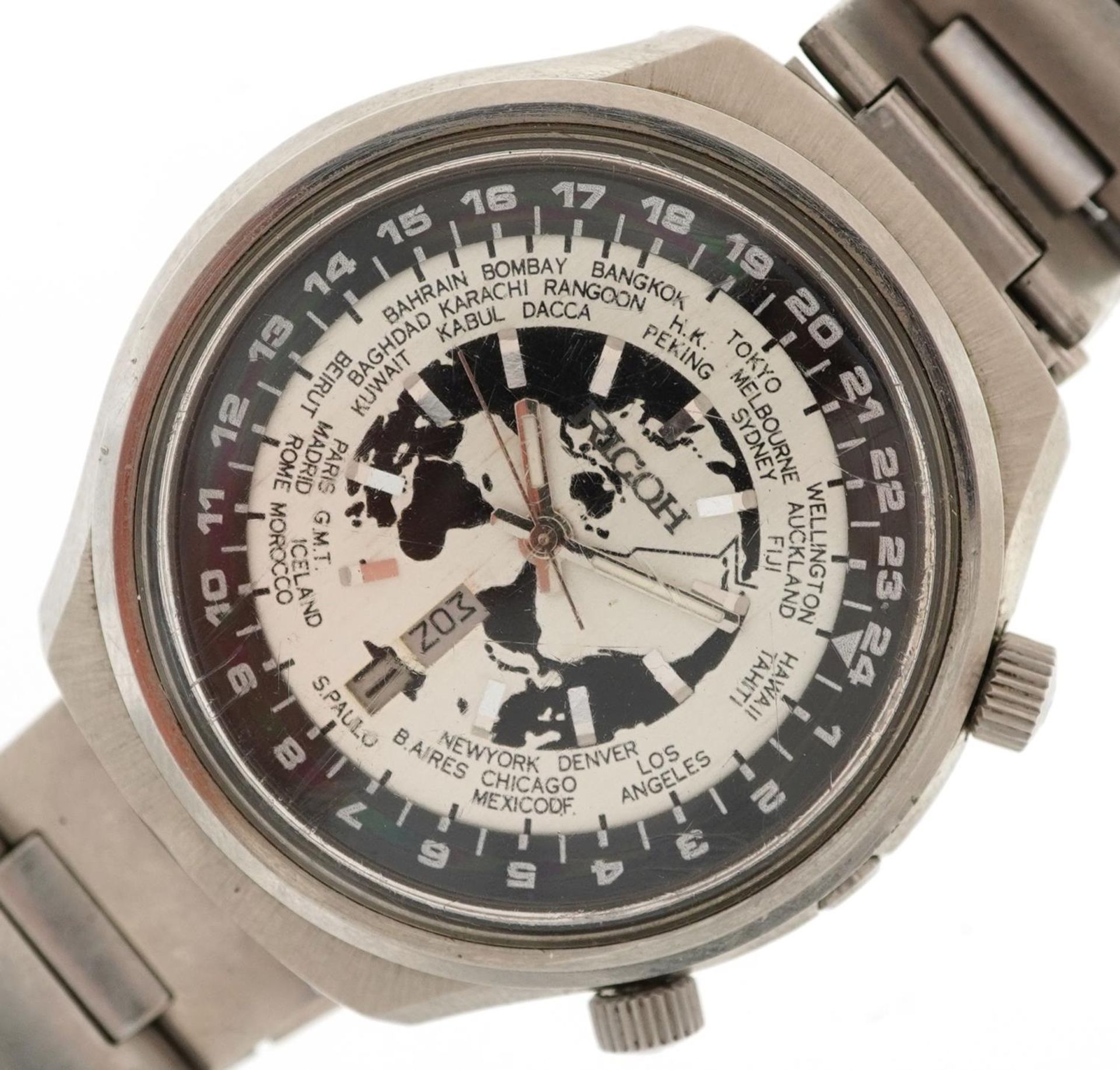 Ricoh, gentlemen's Ricoh World Time calendar chronograph automatic wristwatch, serial number