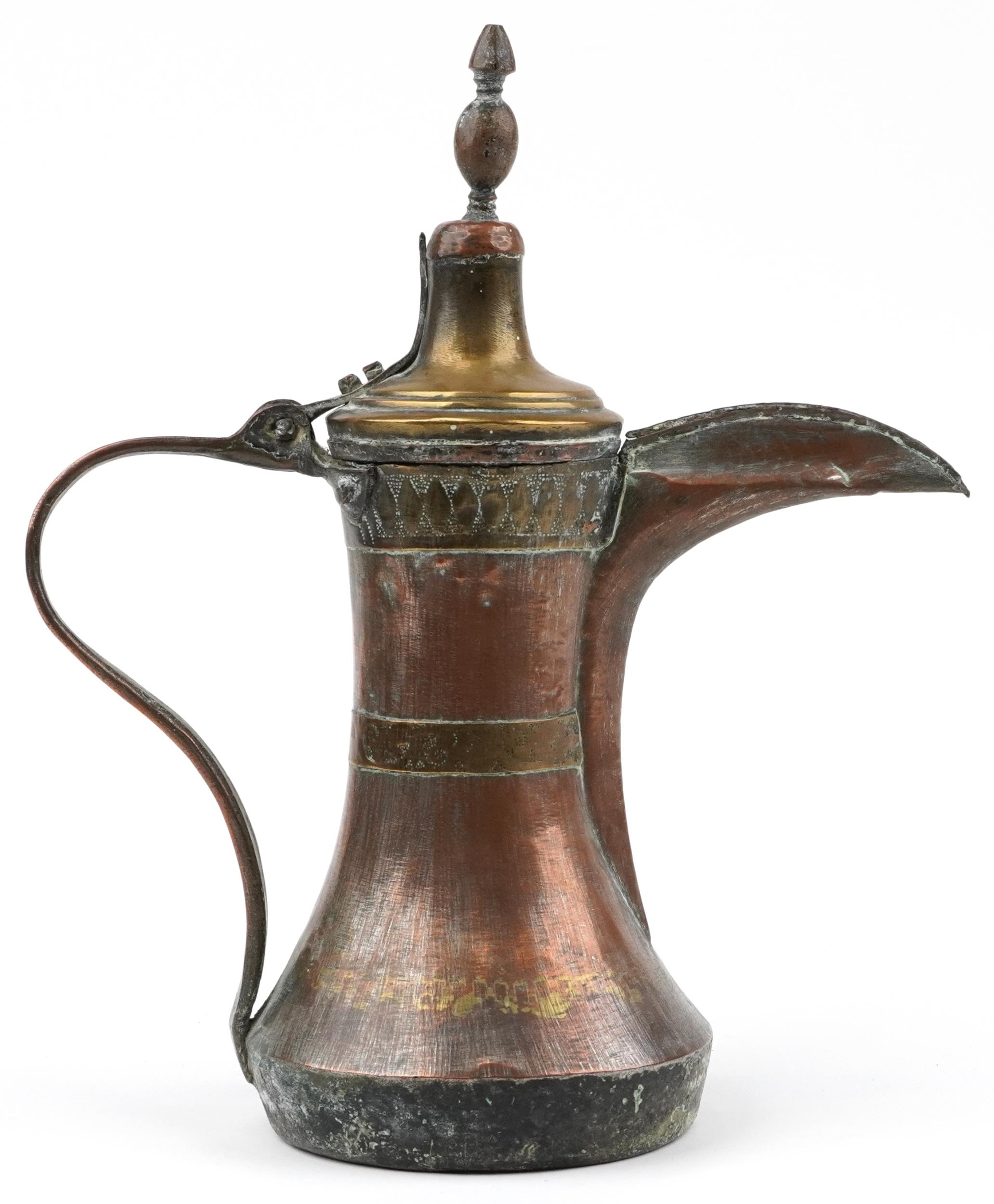 Antique Omani copper and brass dallah coffee pot with foliate engraved bands, 23cm high - Image 4 of 8