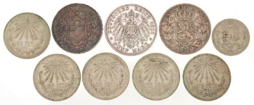 19th century and later foreign silver coins comprising two five francs dates 1908 and 1869, 1911
