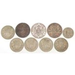 19th century and later foreign silver coins comprising two five francs dates 1908 and 1869, 1911