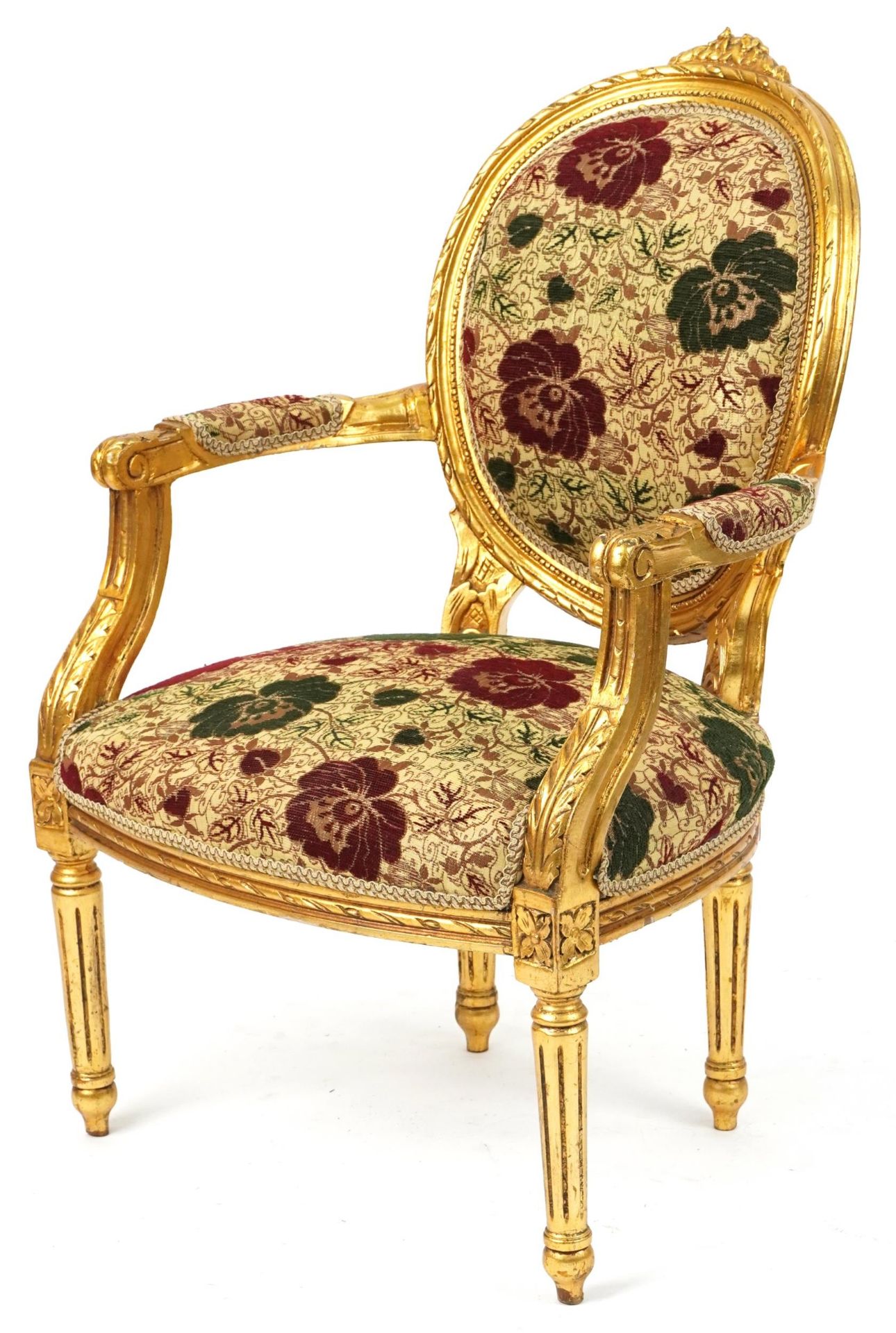 French Baroque style giltwood elbow chair having cream, red and green floral upholstery, 96.5cm high