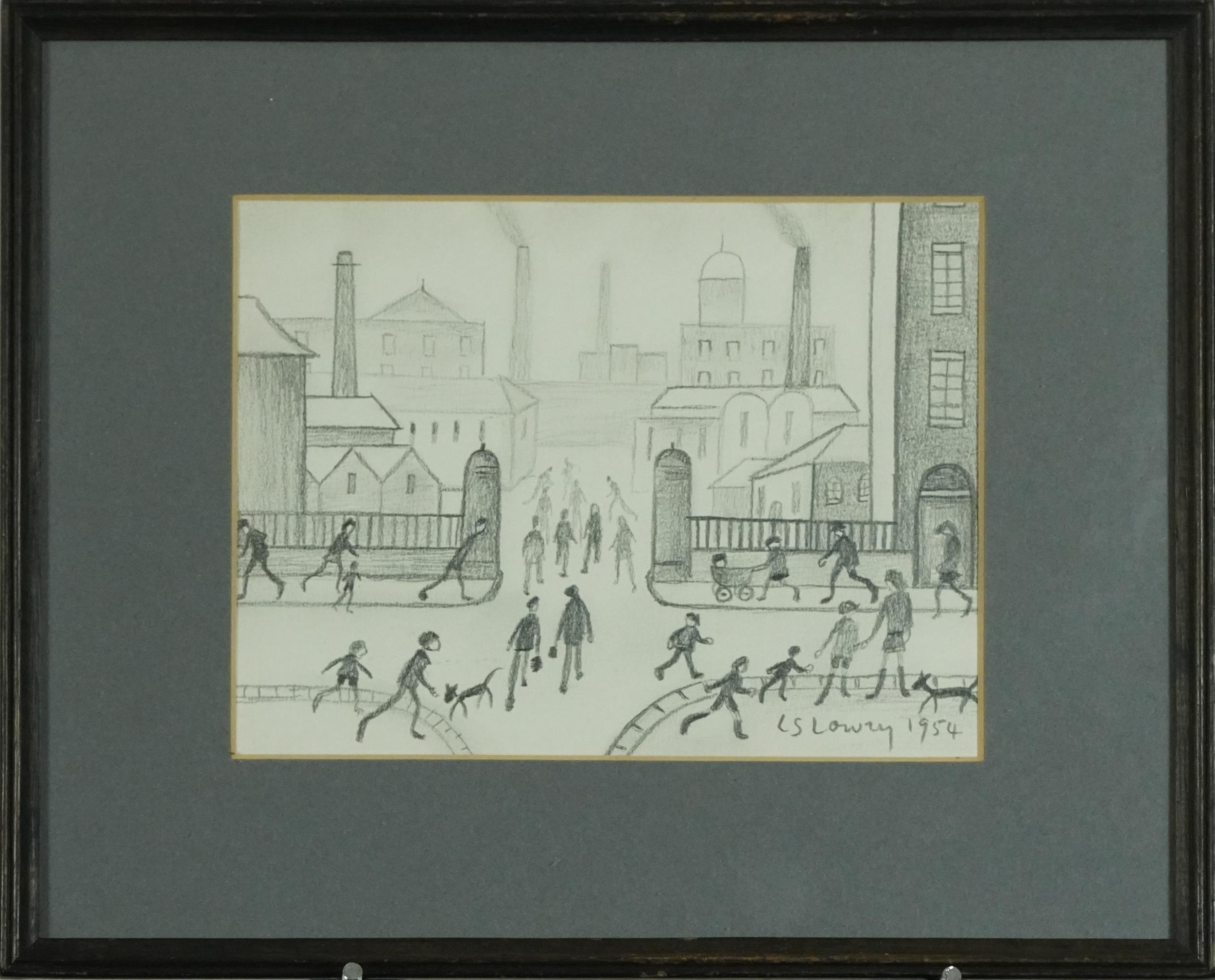 Manner of Laurence Stephen Lowry - Industrial street scene with figures walking about, pencil sketch - Image 2 of 3