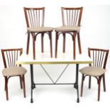 Contemporary rectangular bistro or dining table with four mahogany chairs with cushioned seats,