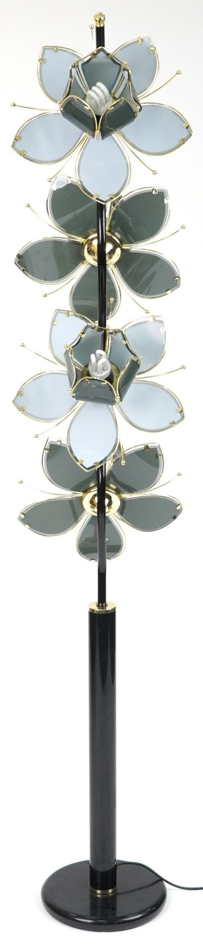 Contemporary brass and black metal naturalistic flower head design four branch standard lamp,