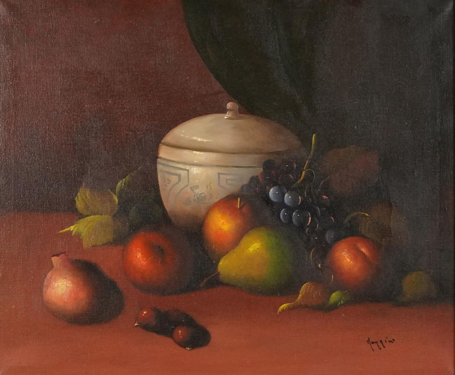 Morrini - Still life fruit and vessels, pair of Italian school oil on canvases, mounted and - Bild 9 aus 15