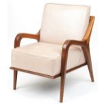 Scandinavian design hardwood lounge chair having a cream upholstered back and seat, 86cm H x 62.