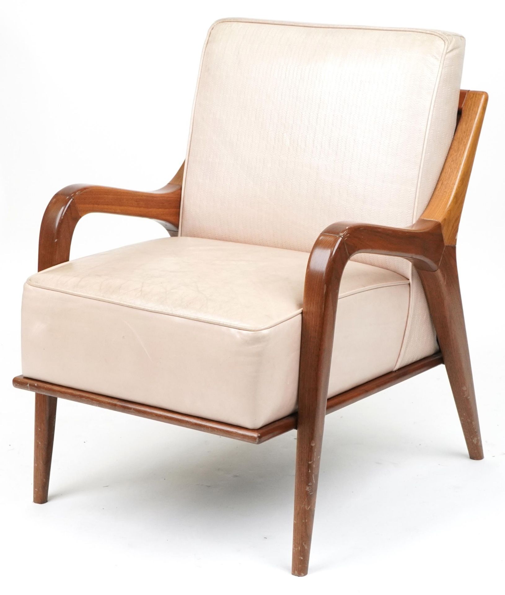 Scandinavian design hardwood lounge chair having a cream upholstered back and seat, 86cm H x 62.