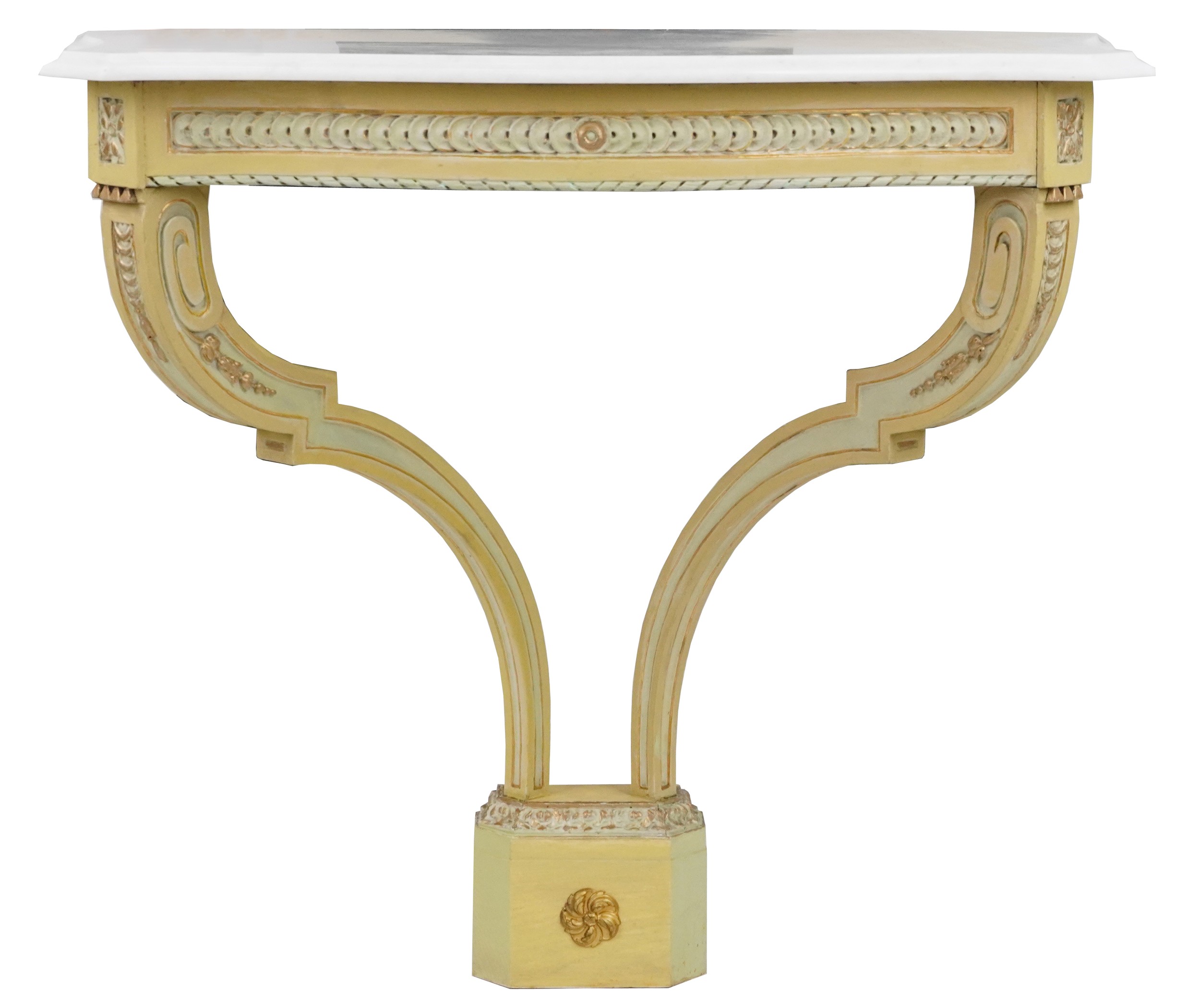 French cream and gilt painted console table with marble top, 85.5cm H x 84cm W x 43cm D