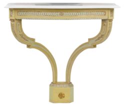 French cream and gilt painted console table with marble top, 85.5cm H x 84cm W x 43cm D