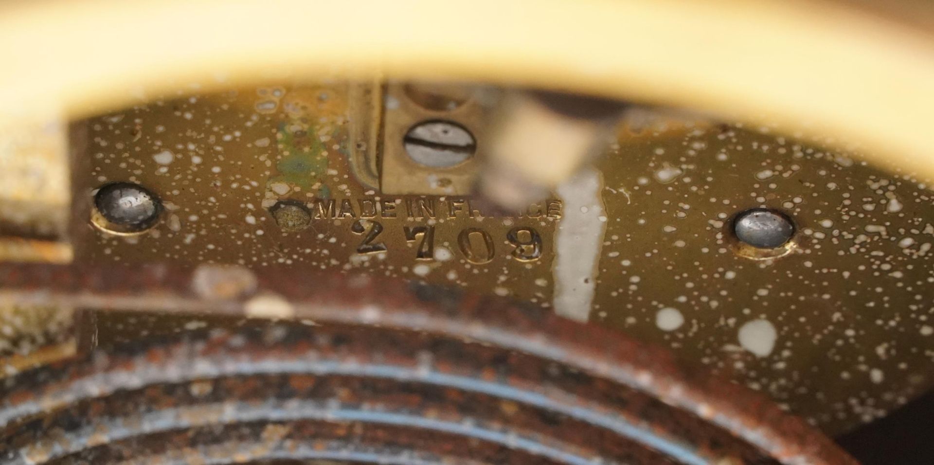 19th century French Weather Compendium mantle clock striking on a gong with thermometer and compass, - Image 6 of 6