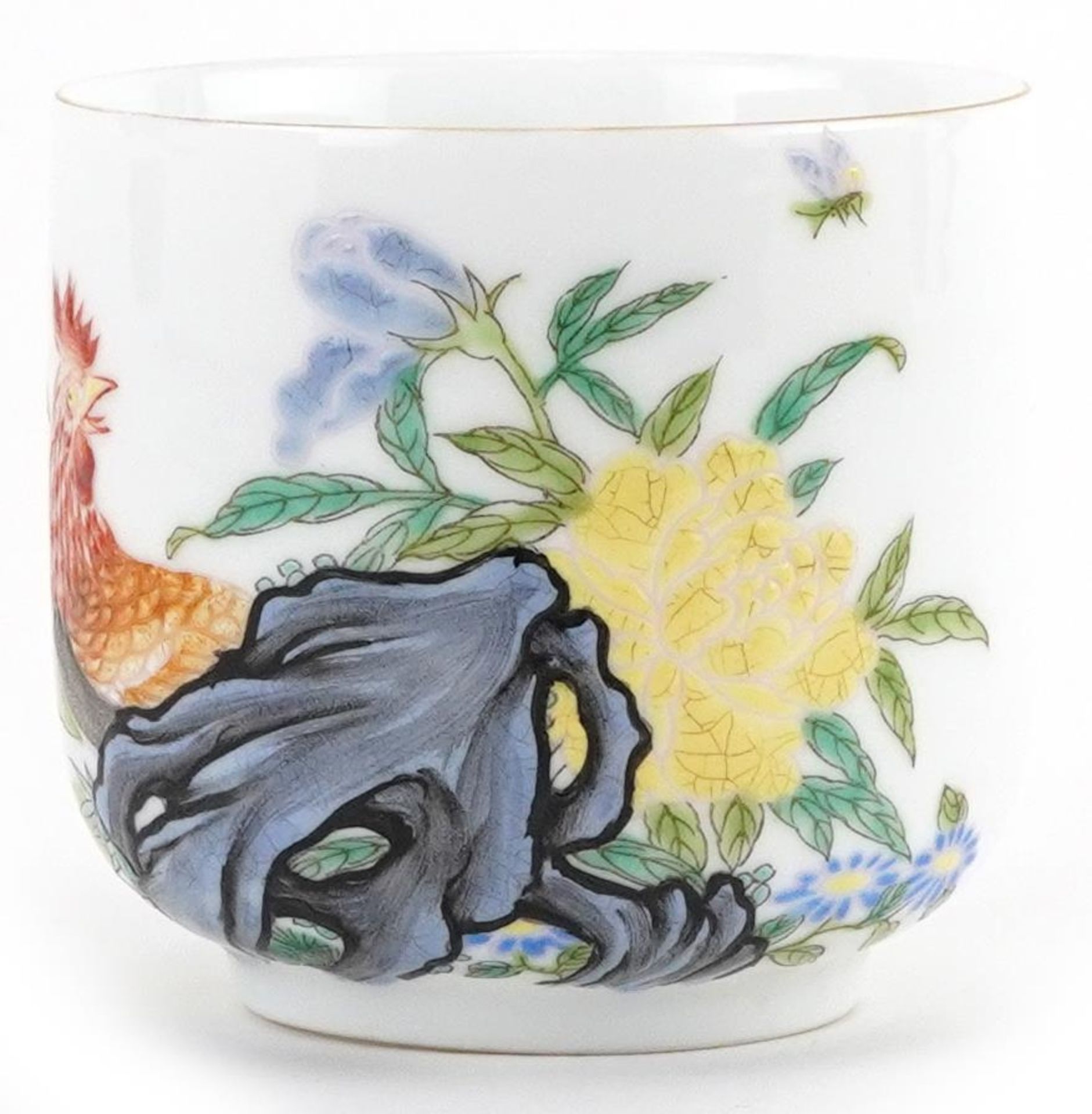 Chinese porcelain cup hand painted with two cockerels in a landscape, four figure character marks to - Image 2 of 7