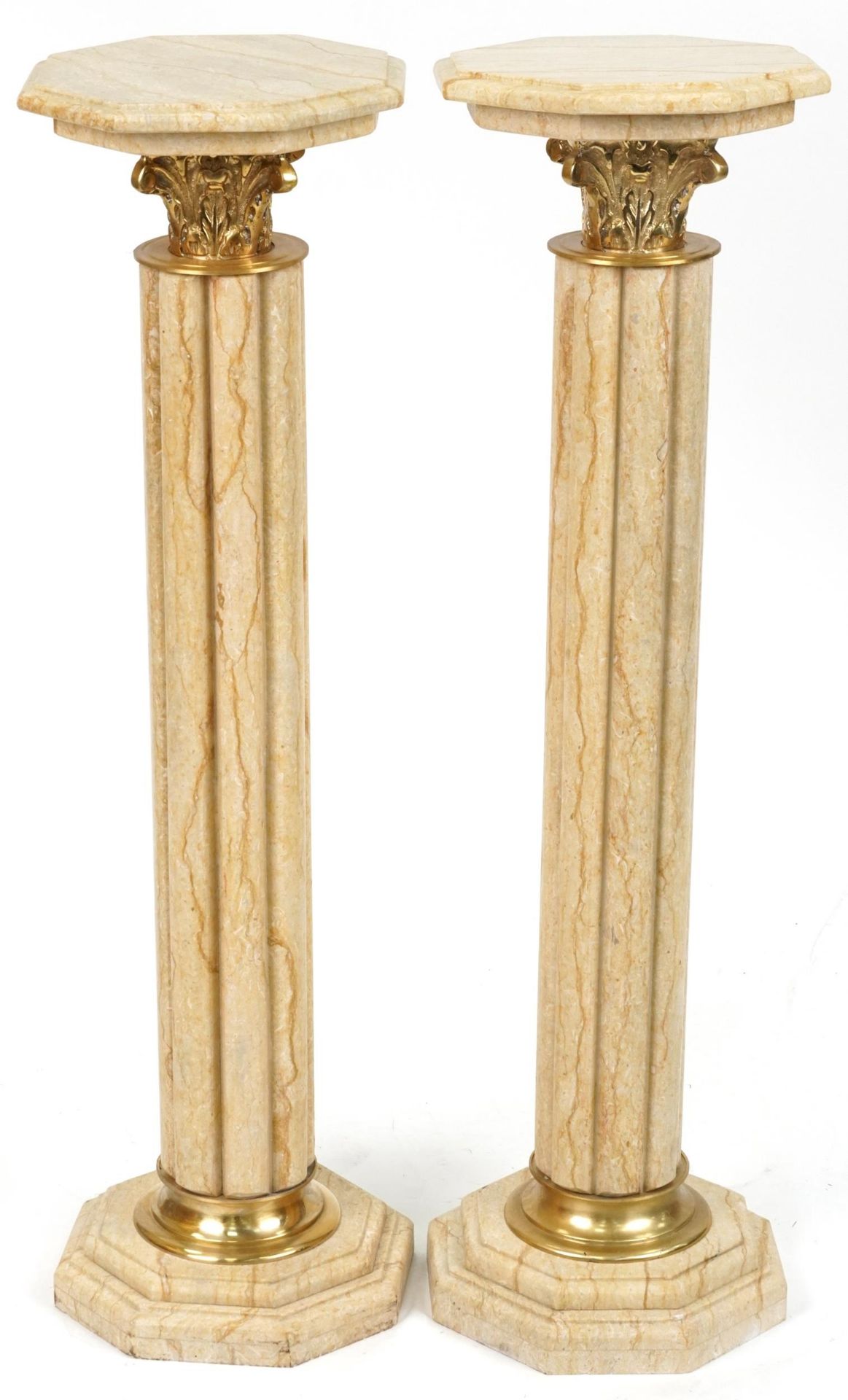 Pair of classical Travertine marble pedestal columns with gilt metal mounts, each 103cm high - Image 3 of 3