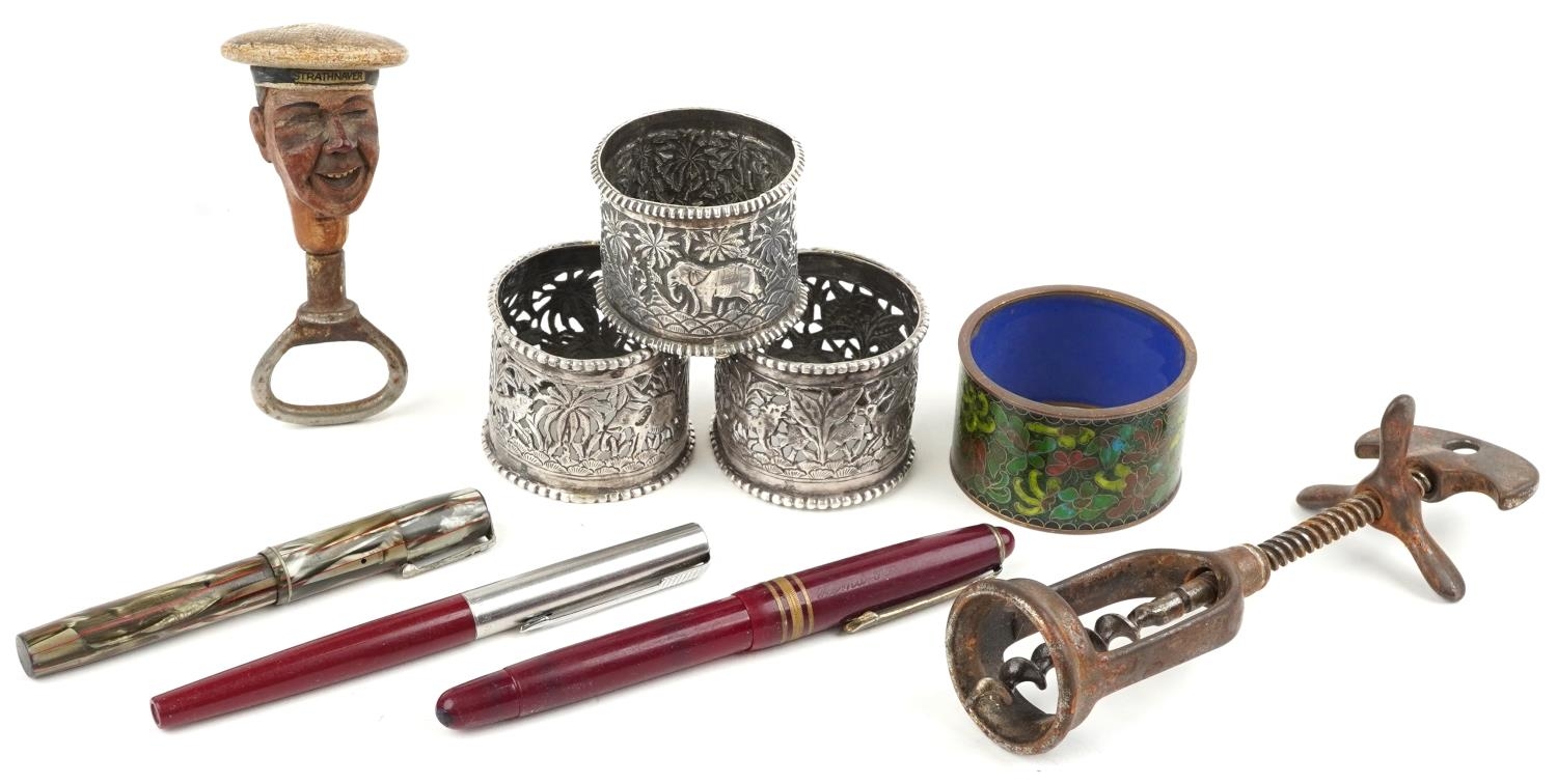 19th century and later sundry items including three Anglo Indian white metal napkin rings embossed