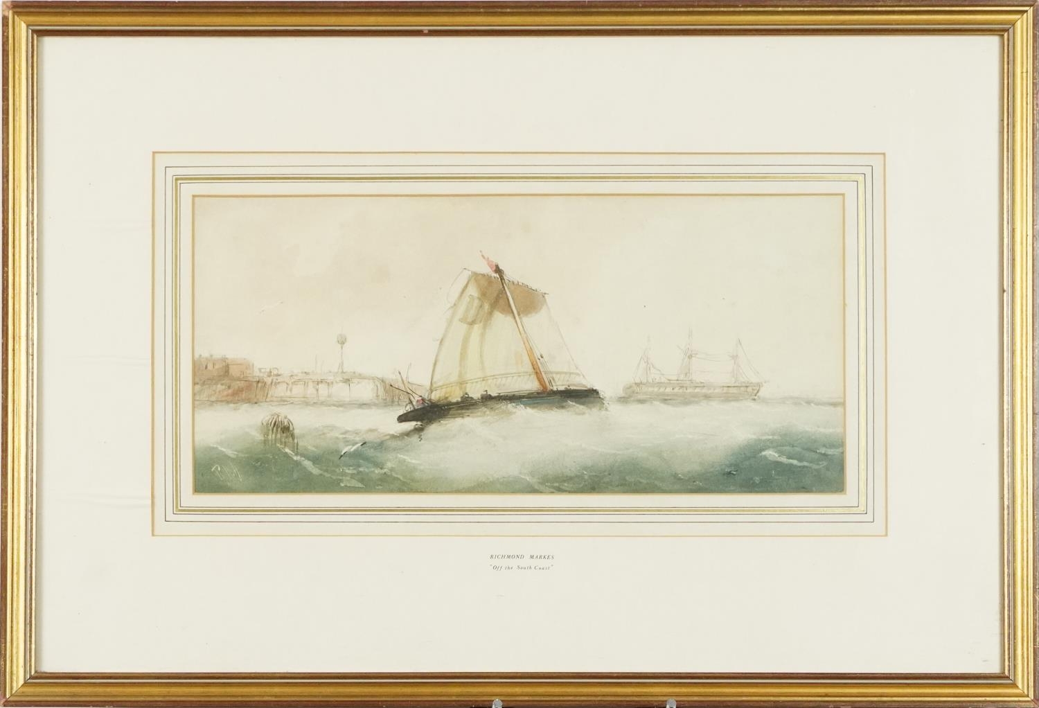 Richmond Markes - Off the South Coast, Victorian naval interest watercolour, mounted, framed and - Image 2 of 5