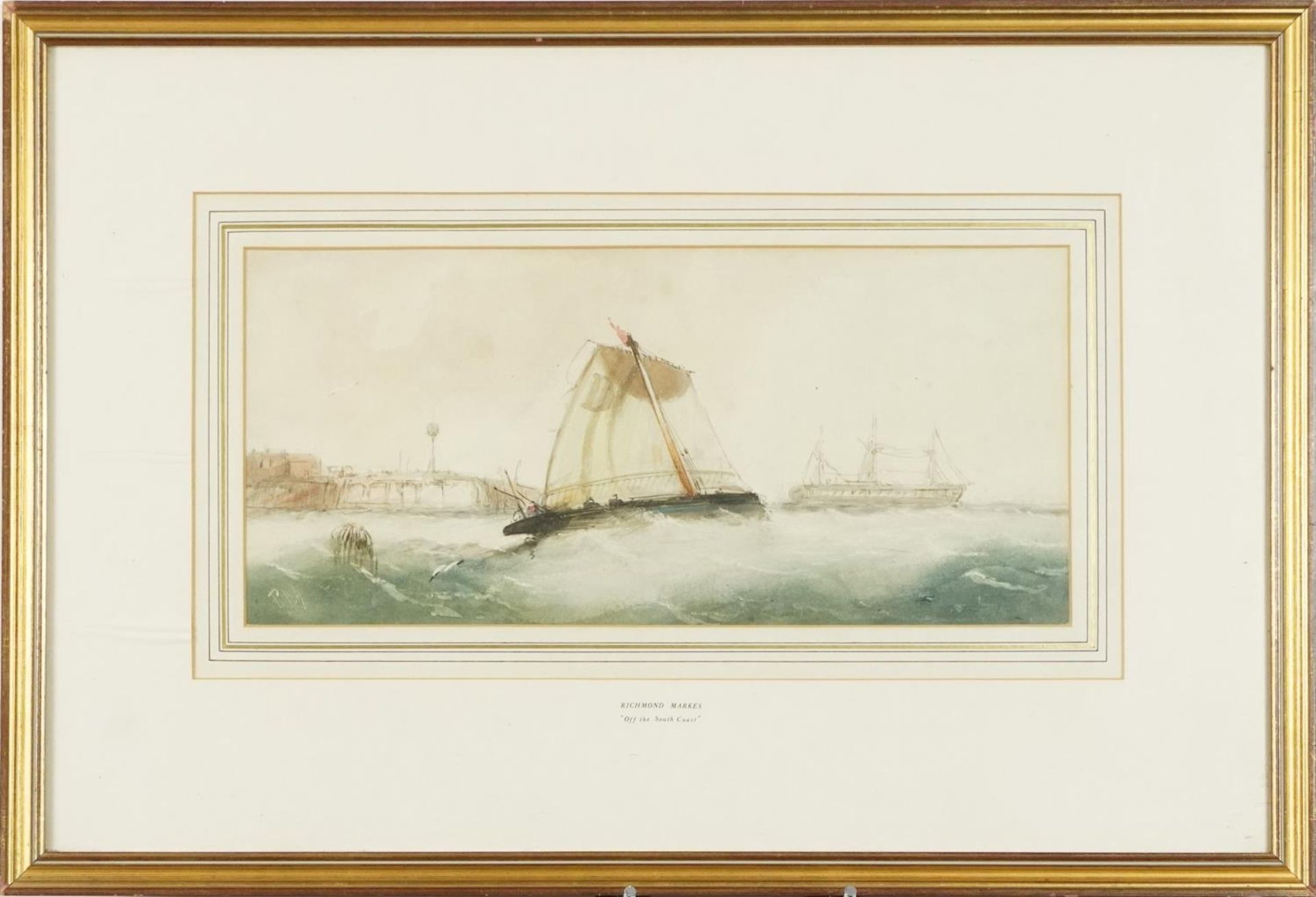 Richmond Markes - Off the South Coast, Victorian naval interest watercolour, mounted, framed and - Bild 2 aus 5