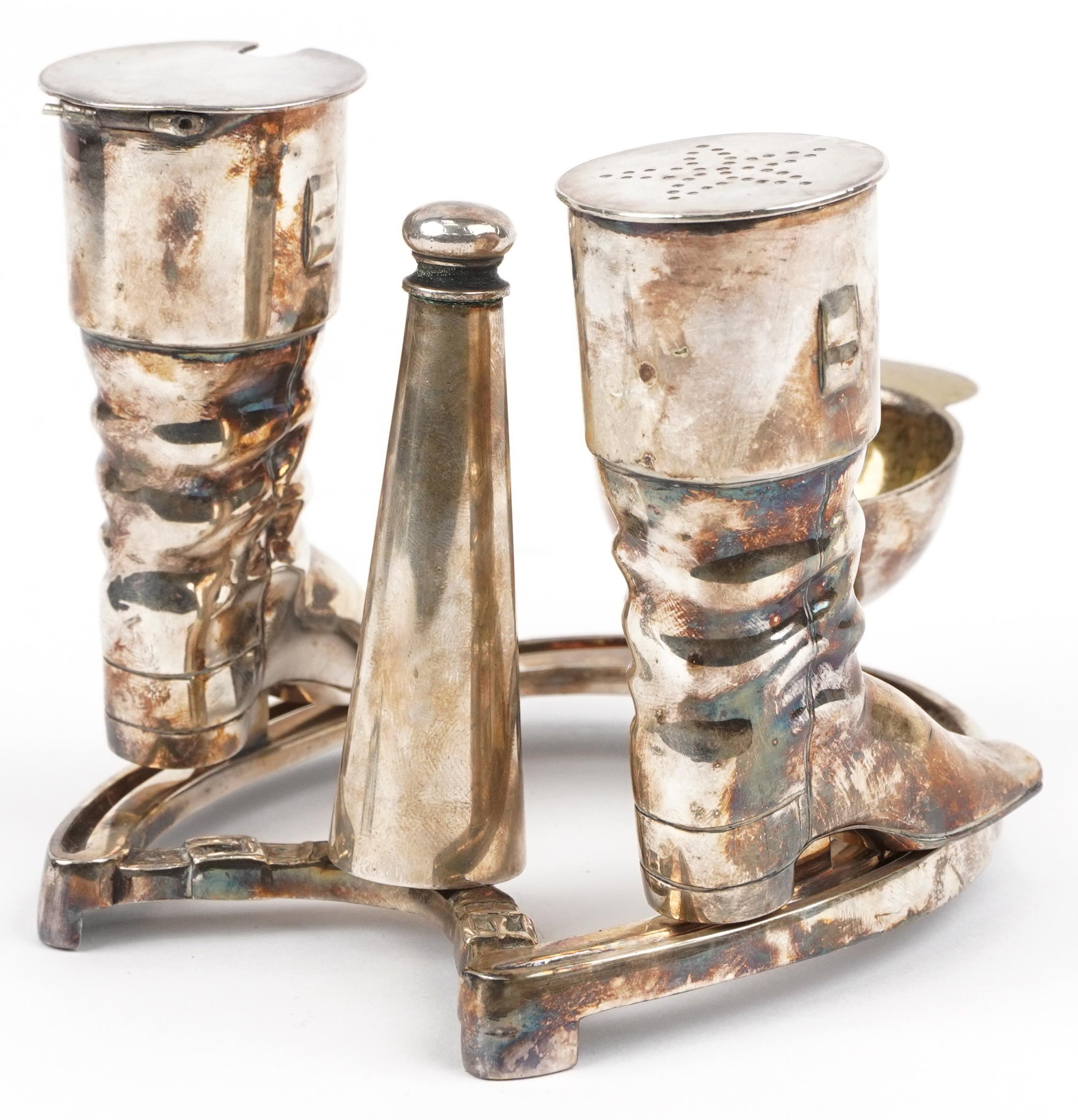 Elkington & Co, equestrian interest silver plated cruet set in the form of a horseshoe, riding boots - Image 4 of 7